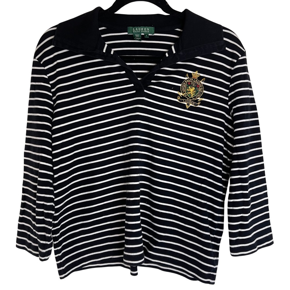 Lauren Ralph Lauren Navy/White  100% Cotton Collared Pullover w/Crest Sz Large